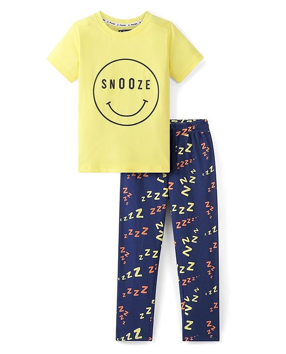 Pine Kids 100% Cotton Single Jersey Knit Half Sleeves Night Suit Emoji Print - Lemon Verbena & Estate Blue