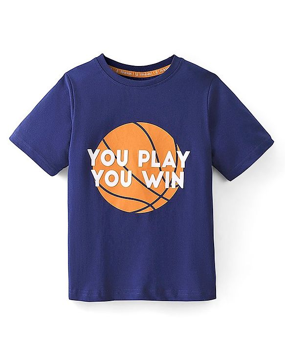 Pine Kids Cotton Half Sleeves Night Suit With Basket Ball Print - Navy Blue