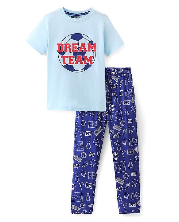 Pine Kids 100% Cotton Knit Half Sleeves Night Suit Basketball Print - Blue