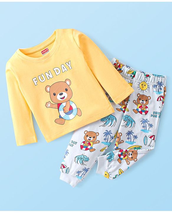 Babyhug Cotton Single Jersey Knit Full Sleeves Night Suit Bear Print - Yellow