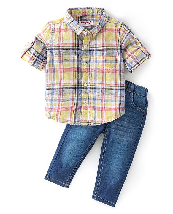 Babyhug Cotton Woven Full Sleeves Checkered Shirt & Jeans Set - Yellow & Blue