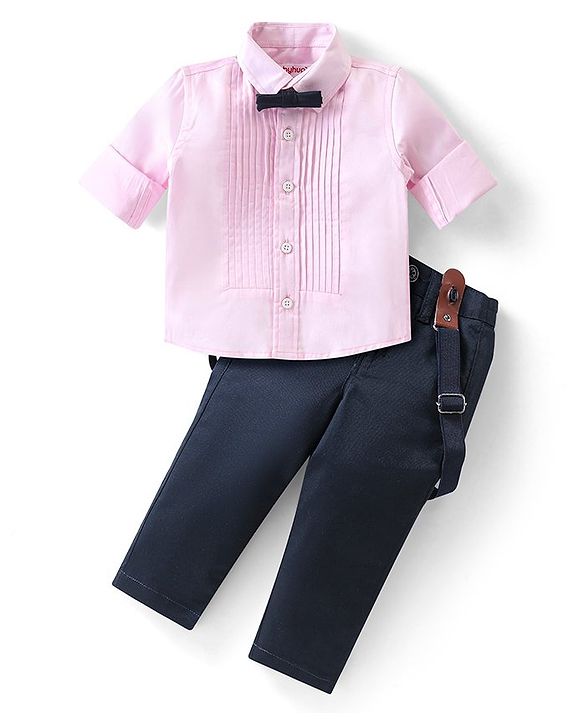 Babyhug 100% Cotton Woven Full Sleeves Party Wear Shirt & Trouser Set With Suspenders & Bow- Pink & Navy