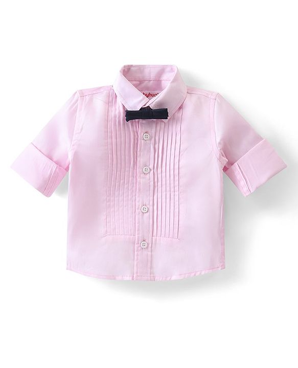 Babyhug 100% Cotton Woven Full Sleeves Party Wear Shirt & Trouser Set With Suspenders & Bow- Pink & Navy