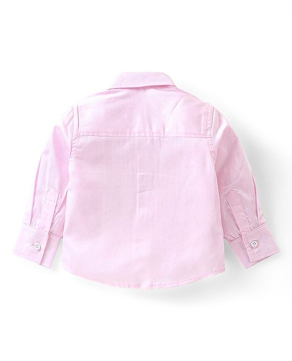 Babyhug 100% Cotton Woven Full Sleeves Party Wear Shirt & Trouser Set With Suspenders & Bow- Pink & Navy