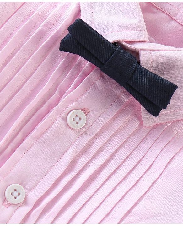 Babyhug 100% Cotton Woven Full Sleeves Party Wear Shirt & Trouser Set With Suspenders & Bow- Pink & Navy