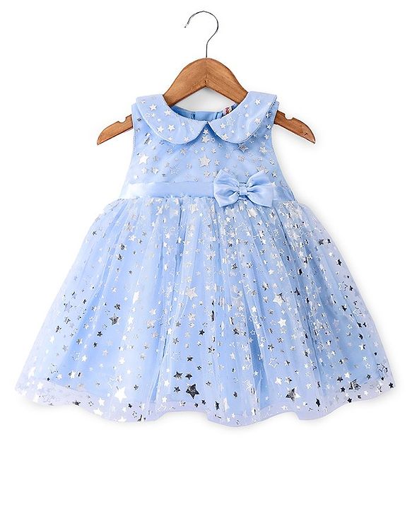 Babyhug Sleeveless Mesh Party Frock With Bow Applique - Light Blue