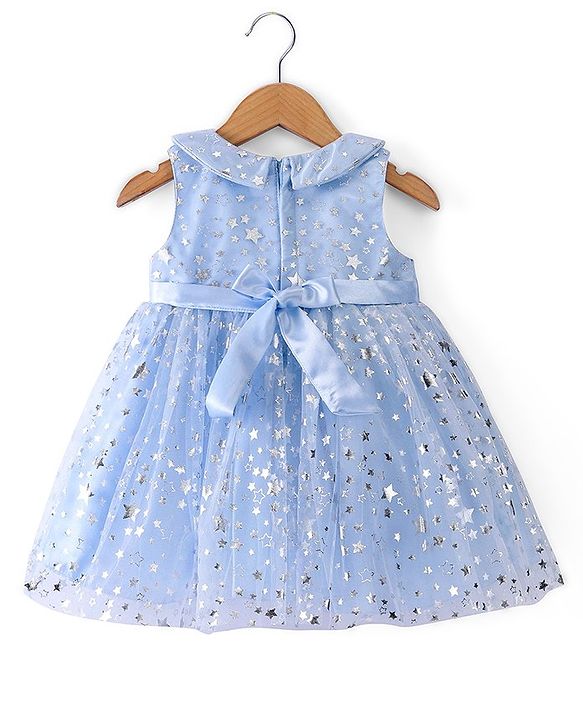 Babyhug Sleeveless Mesh Party Frock With Bow Applique - Light Blue