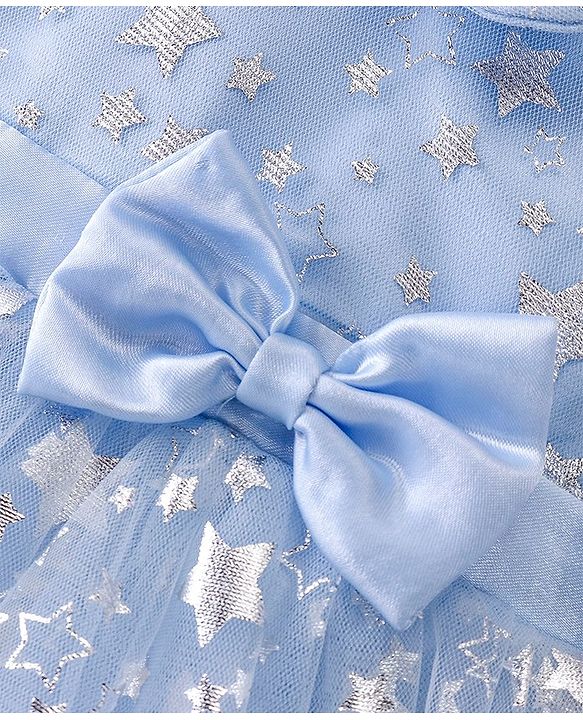 Babyhug Sleeveless Mesh Party Frock With Bow Applique - Light Blue