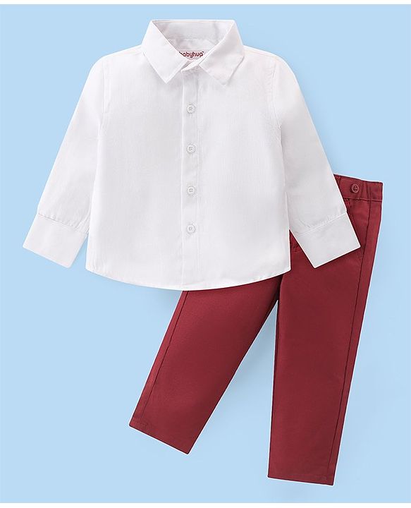 Babyhug Knit Full Sleeves Solid Color Party Shirt & Trousers with Bow & Suspender - White & Maroon
