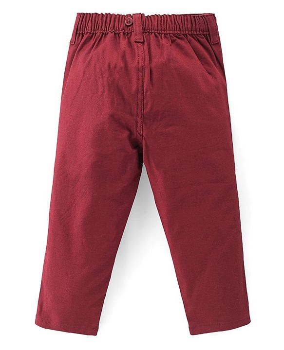 Babyhug Knit Full Sleeves Solid Color Party Shirt & Trousers with Bow & Suspender - White & Maroon