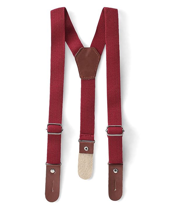 Babyhug Knit Full Sleeves Solid Color Party Shirt & Trousers with Bow & Suspender - White & Maroon