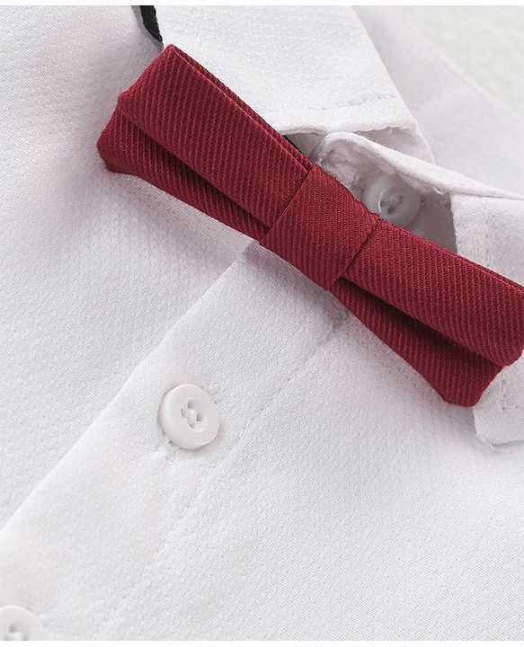 Babyhug Knit Full Sleeves Solid Color Party Shirt & Trousers with Bow & Suspender - White & Maroon