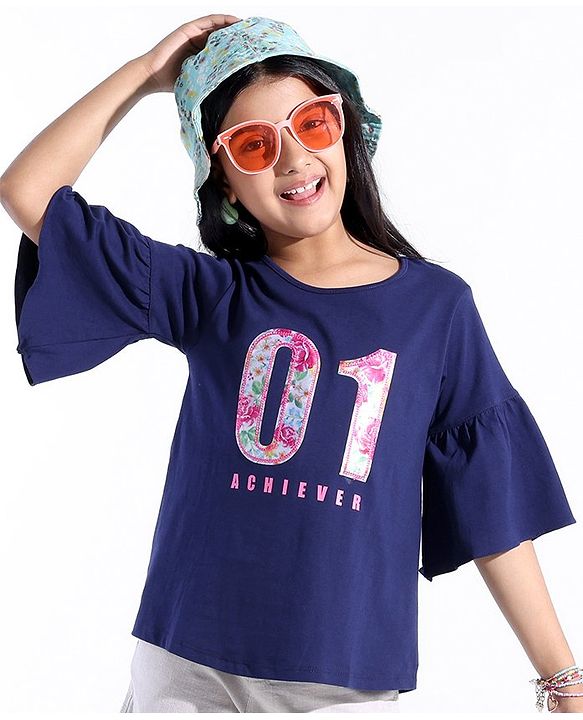 Pine Kids Cotton Knit Flutter Sleeves T-Shirt One Print - Blue Quartz