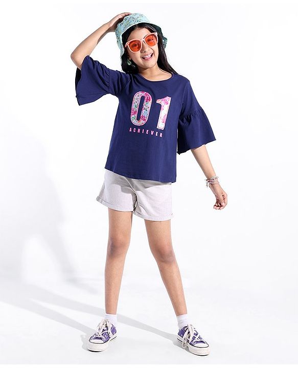 Pine Kids Cotton Knit Flutter Sleeves T-Shirt One Print - Blue Quartz