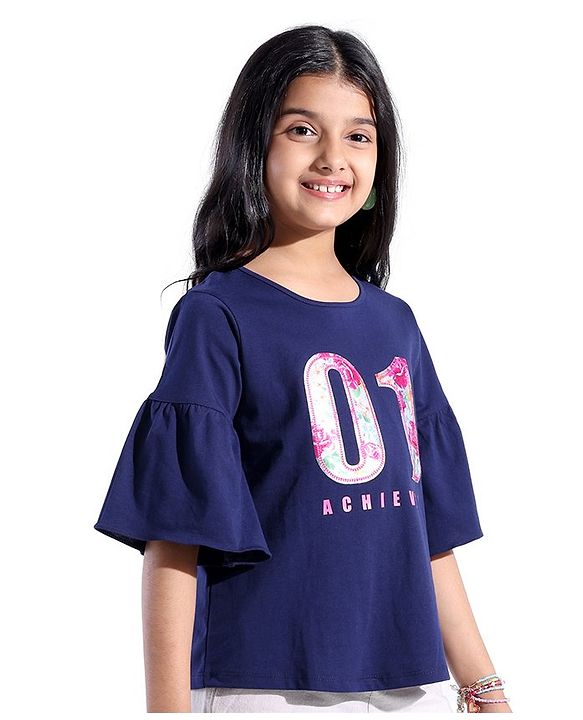Pine Kids Cotton Knit Flutter Sleeves T-Shirt One Print - Blue Quartz