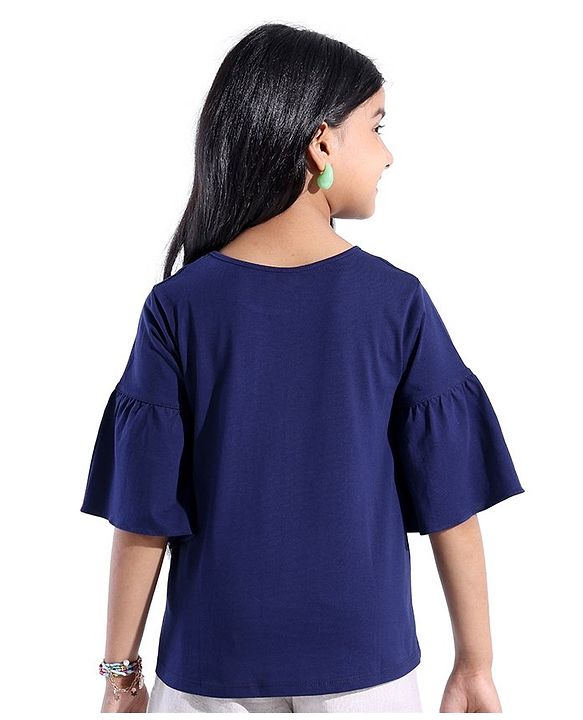 Pine Kids Cotton Knit Flutter Sleeves T-Shirt One Print - Blue Quartz