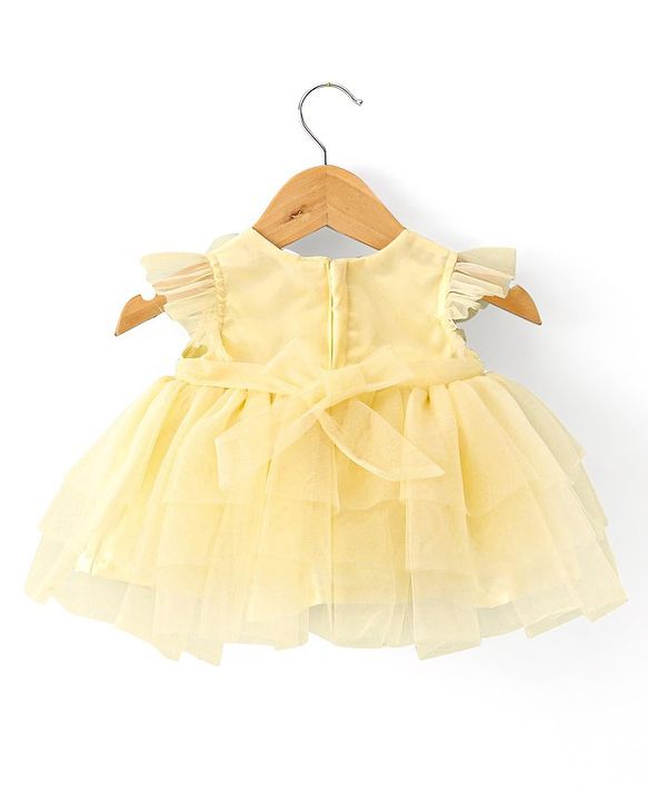 Babyhug Woven  Flutter Sleeves Mesh Party Frockyell with Floral Applique - Yellow