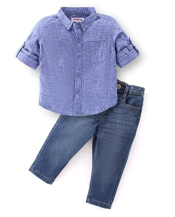 Babyhug Cotton Woven Full Sleeves Shirt & Jeans Solid Colour - Blue