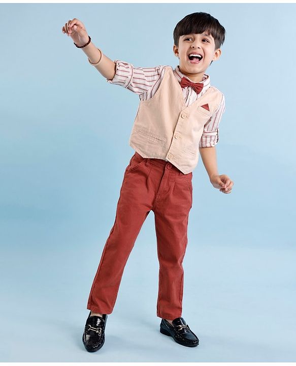 Babyhug 100% Cotton Woven Full Sleeves Stripes Shirts and Trouser Set with Bow - Maroon