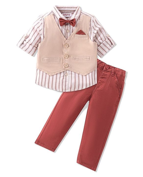 Babyhug 100% Cotton Woven Full Sleeves Stripes Shirts and Trouser Set with Bow - Maroon