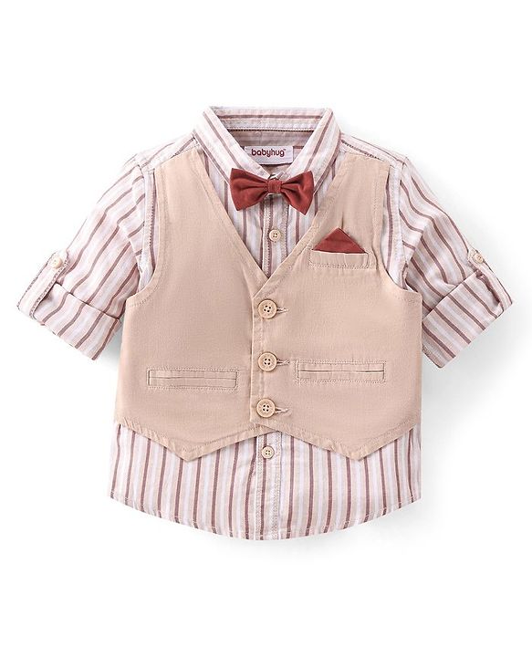 Babyhug 100% Cotton Woven Full Sleeves Stripes Shirts and Trouser Set with Bow - Maroon