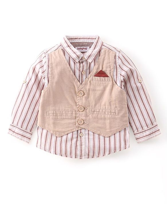 Babyhug 100% Cotton Woven Full Sleeves Stripes Shirts and Trouser Set with Bow - Maroon