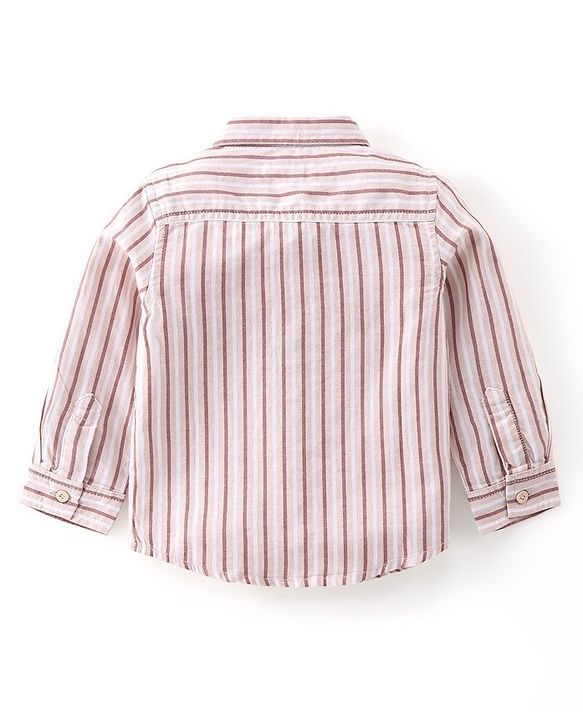 Babyhug 100% Cotton Woven Full Sleeves Stripes Shirts and Trouser Set with Bow - Maroon