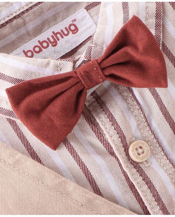 Babyhug 100% Cotton Woven Full Sleeves Stripes Shirts and Trouser Set with Bow - Maroon