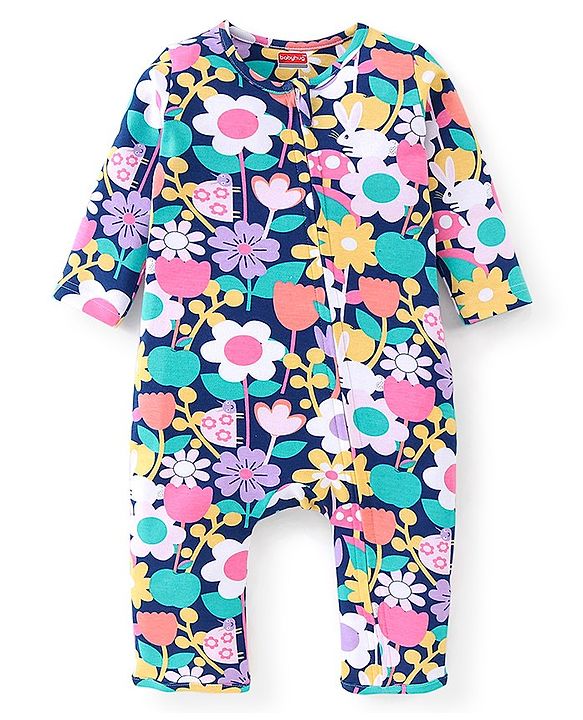 Babyhug 100% Cotton Knit Full Sleeves Romper Floral Print - Multicolor