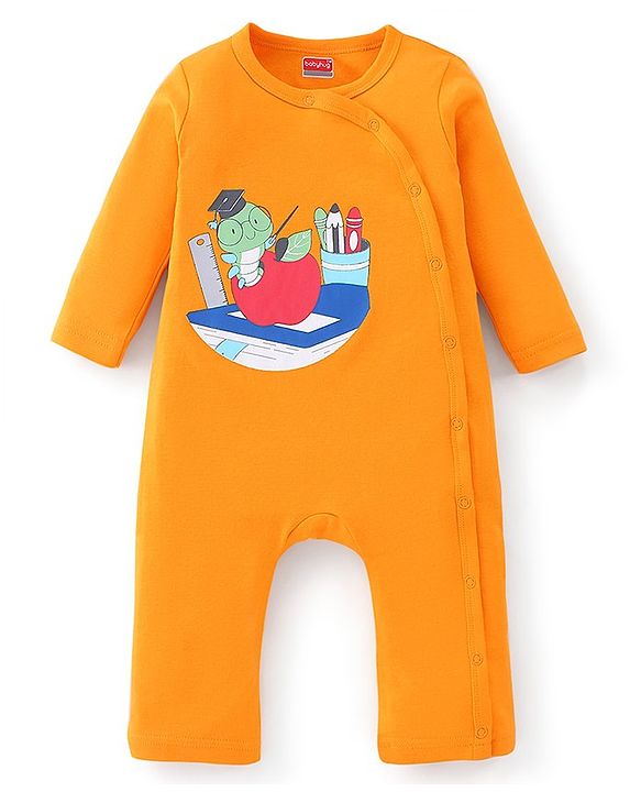 Babyhug 100% Cotton Knit Full Sleeves Romper Apple Print - Yellow