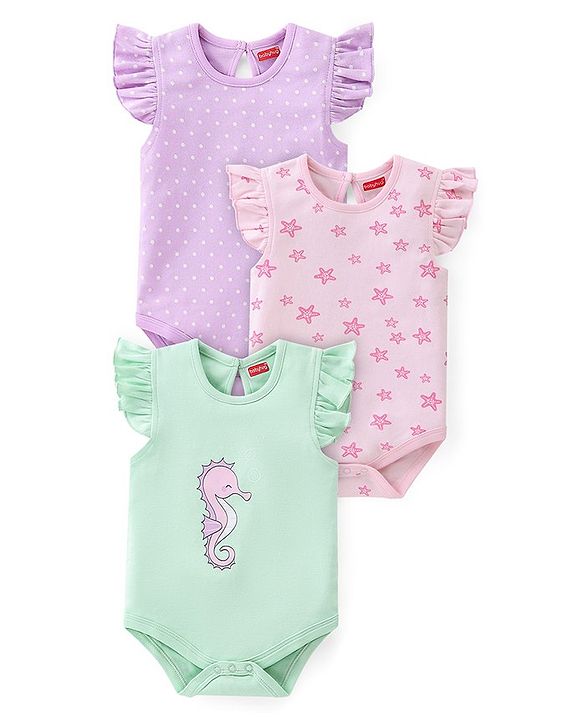 Babyhug 100% Cotton Half Sleeves Onesie With Sea Life Print Pack Of 3 - Purple Pink & Green