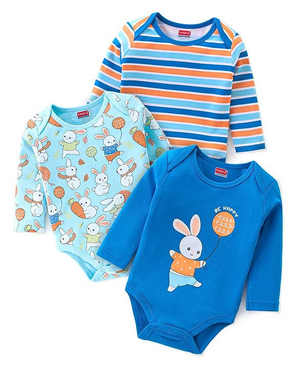 Babyhug 100% Cotton Knit Full Sleeves Onesies Pack Of 3 With Bunny Print - Blue & Orange