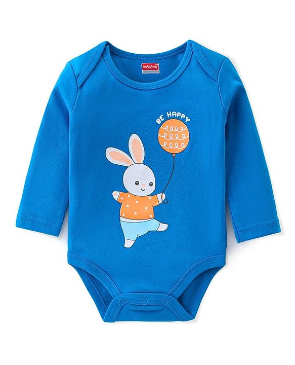 Babyhug 100% Cotton Knit Full Sleeves Onesies Pack Of 3 With Bunny Print - Blue & Orange