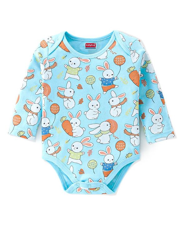 Babyhug 100% Cotton Knit Full Sleeves Onesies Pack Of 3 With Bunny Print - Blue & Orange