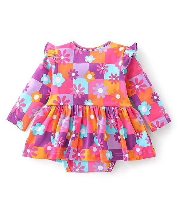 Babyhug 100% Cotton Interlock Knit Full Sleeves Onesies with Hair Band & Booties Floral Print - Pink