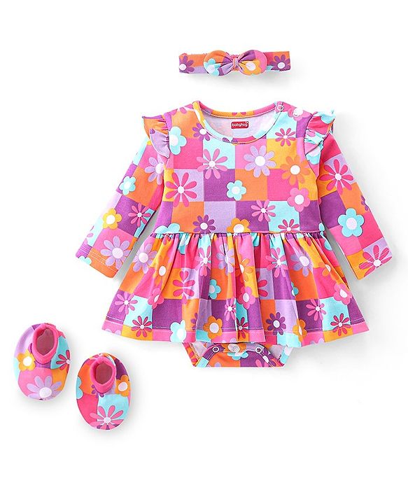 Babyhug 100% Cotton Interlock Knit Full Sleeves Onesies with Hair Band & Booties Floral Print - Pink