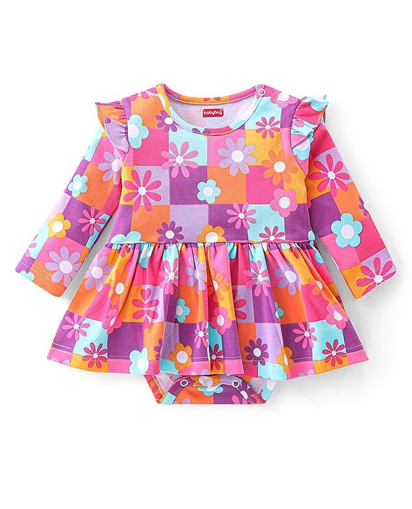 Babyhug 100% Cotton Interlock Knit Full Sleeves Onesies with Hair Band & Booties Floral Print - Pink