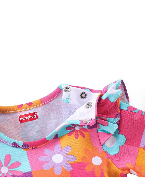 Babyhug 100% Cotton Interlock Knit Full Sleeves Onesies with Hair Band & Booties Floral Print - Pink