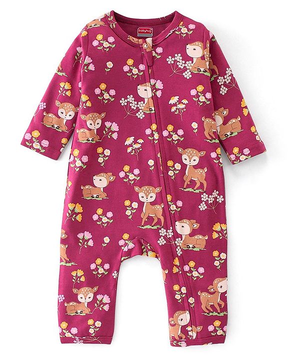 Babyhug 100% Cotton Full Sleeves Romper With Deer Print - Red