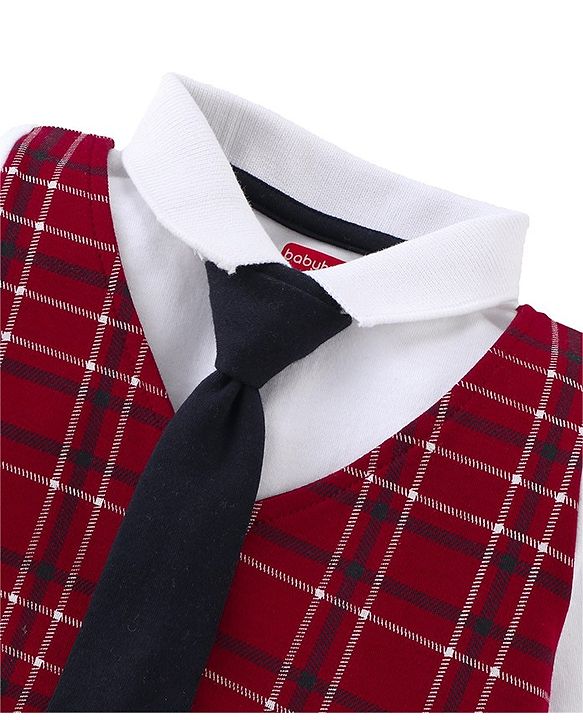 Babyhug Cotton Full Sleeves Romper With Tie Checkered - Red & Black