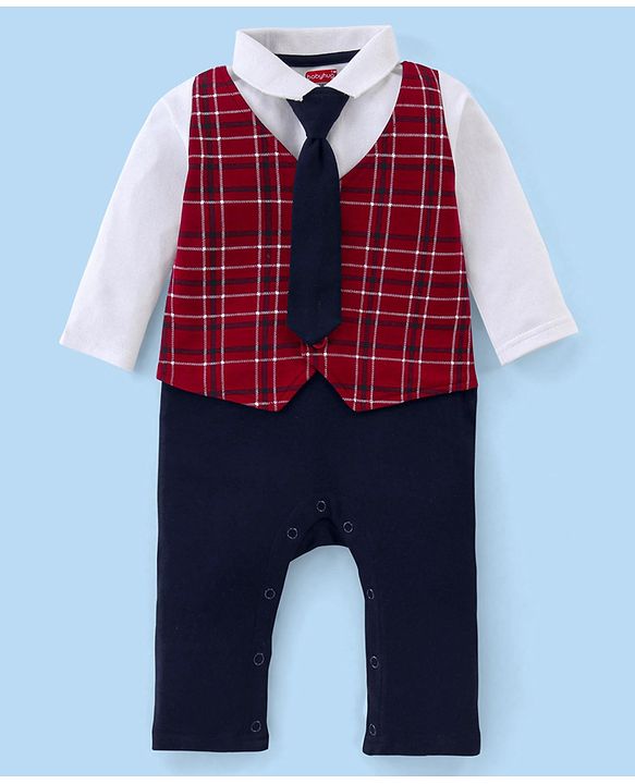 Babyhug Cotton Full Sleeves Romper With Tie Checkered - Red & Black