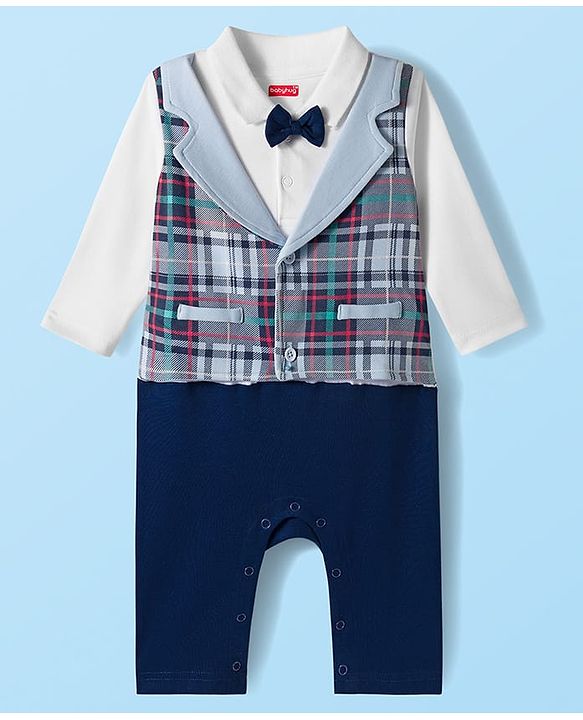 Babyhug 100% Cotton Full Sleeves Romper Checkered - White & Navy Blue