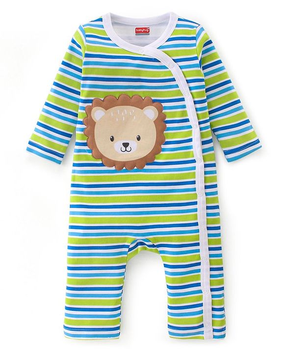 Babyhug 100% Cotton Full Sleeves Romper With Striped & Lion Patch - Green & Blue