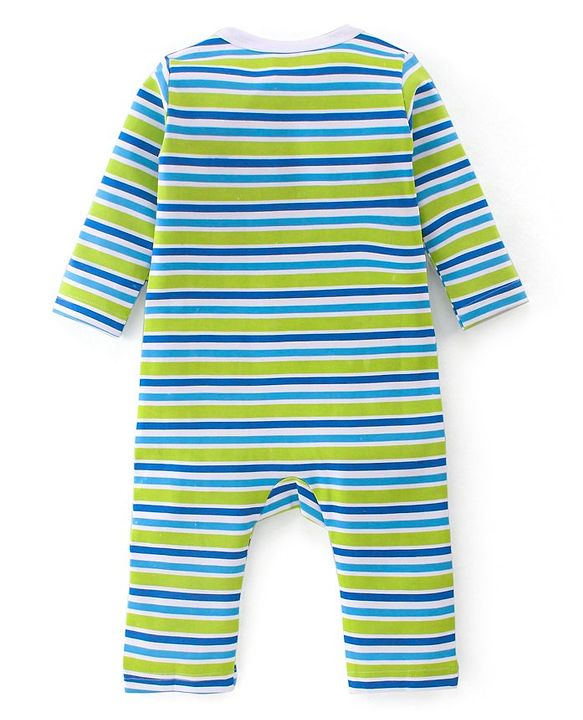 Babyhug 100% Cotton Full Sleeves Romper With Striped & Lion Patch - Green & Blue