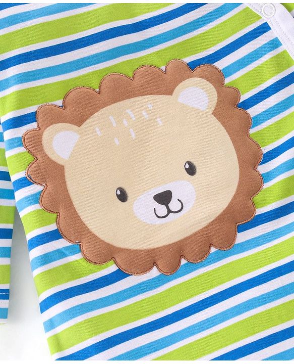 Babyhug 100% Cotton Full Sleeves Romper With Striped & Lion Patch - Green & Blue