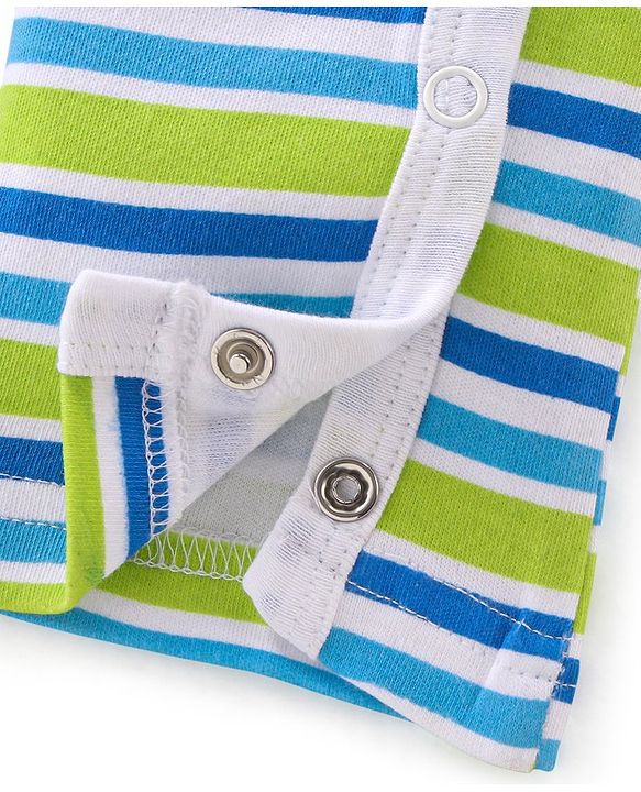 Babyhug 100% Cotton Full Sleeves Romper With Striped & Lion Patch - Green & Blue