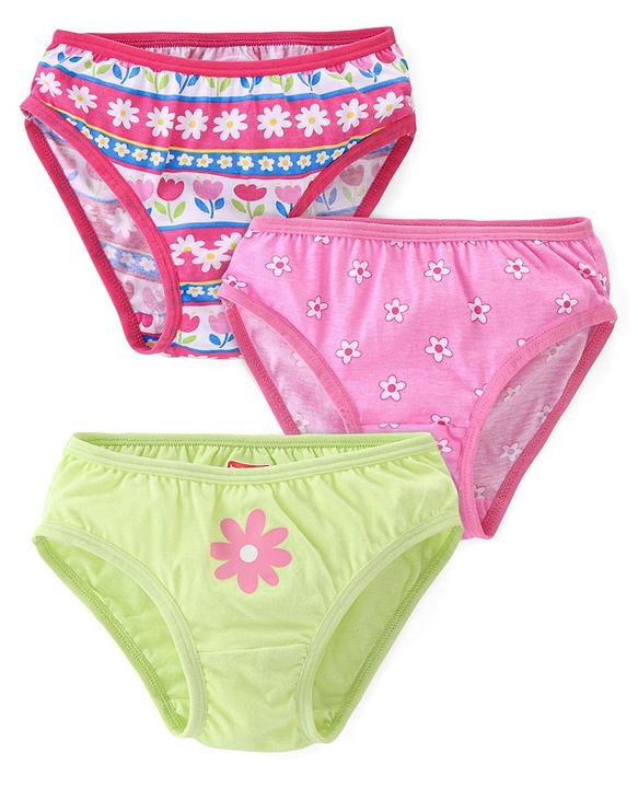 Babyhug 100% Cotton Knit Flower Print Panties Pack of 3- Pink & Green