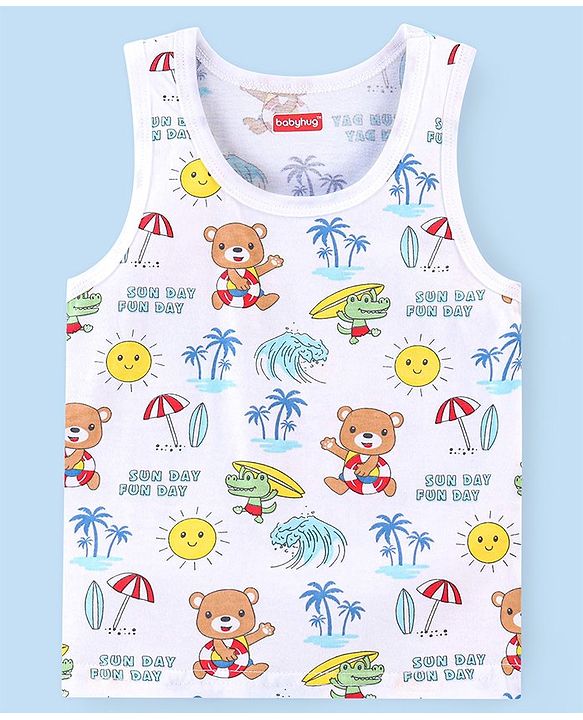 Babyhug 100% Cotton Single Jersey Knit Sleeveless Sando Stripes & Bear Print Pack Of 3 - Multicolor