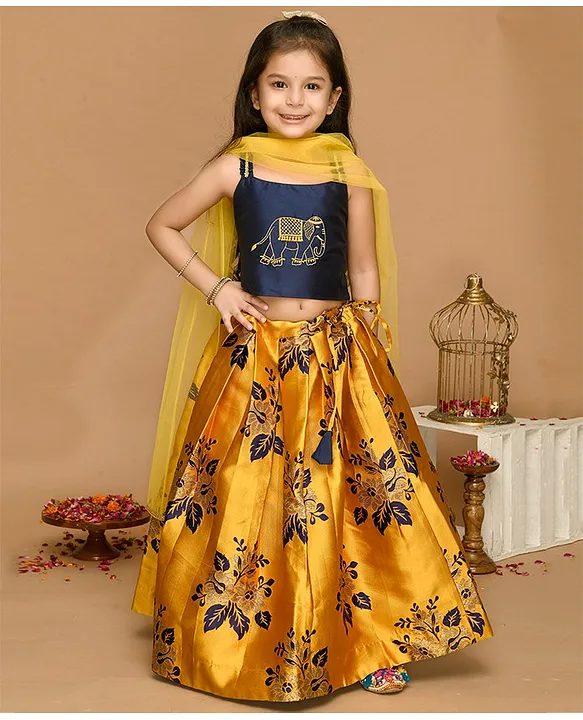 Saka Designs By Sapna Sleeveless Elephant Floral Jacquard Pleated Lehenga Choli With Dupatta Mustard Yellow Blue