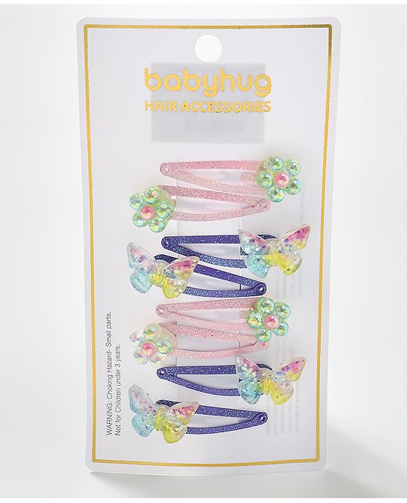 Babyhug Snap Clips with Butterfly Applique Free Size Pack of 8 - Multicolour